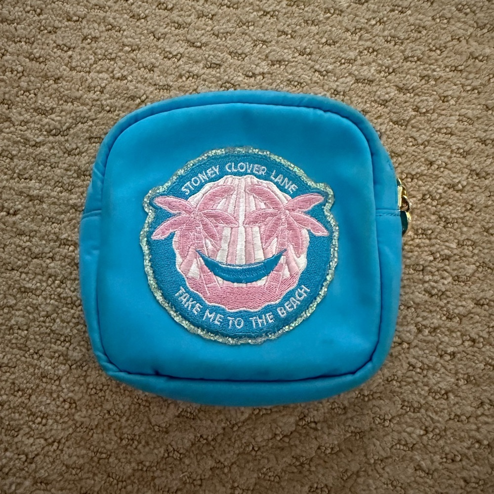 Stoney Clover Lane Blue Mini Pouch with Pink Palm Design Take me to the Beach